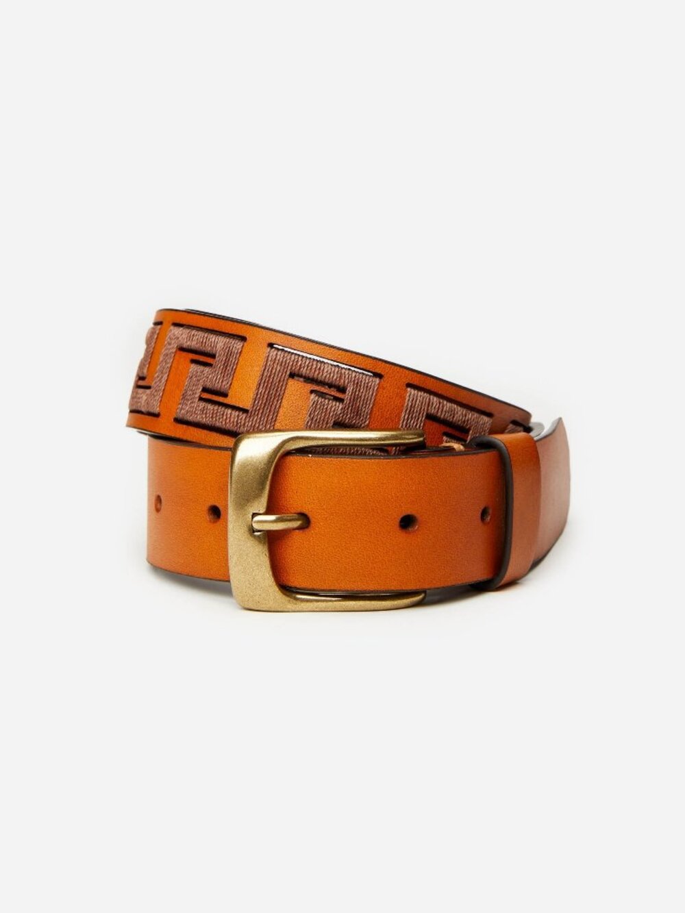J McLaughlin Caerus Leather Belt in Greek Key - Natural/Dark Brown NEW